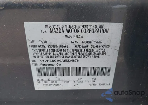 2010 Mazda Mazda6 I Touring Plus from USA, damaged, VIN 1YVHZ8CH9A5M34876
